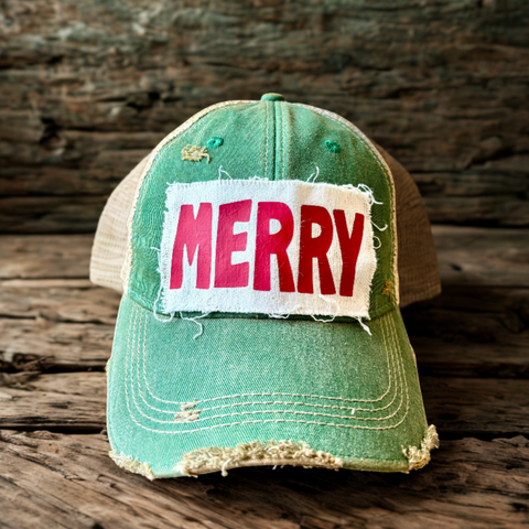 BohoGroove "Merry" Hat, Christmas Hat, Holiday Hat Holiday Snapback Trucker | Vintage Distressed Festive Baseball Cap