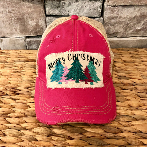 merry christmas hat with 5 sparkly christmas trees