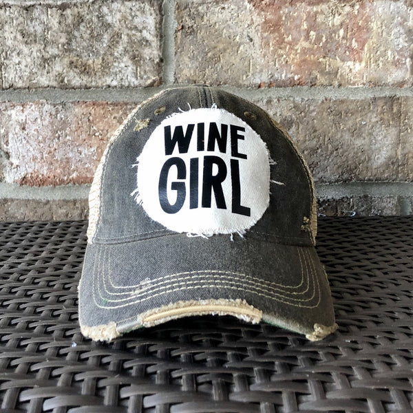 Wine Girl Hat, Women’s Ball Cap, Distressed Hat, Weathered Hat
