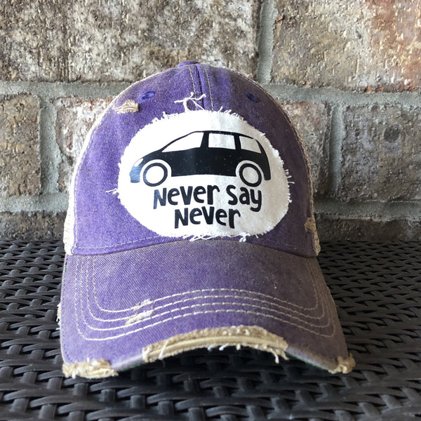A purple distressed vintage feel baseball hat with an oversized white minivan logo in the center.