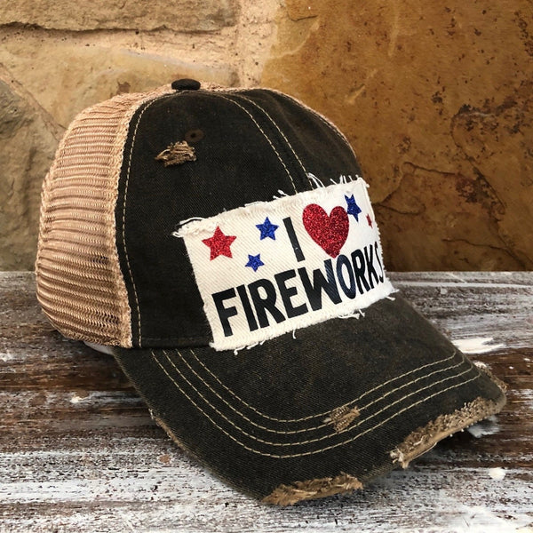 I love Fireworks Hat, 4th of July Ball Cap, Independence Day Hat