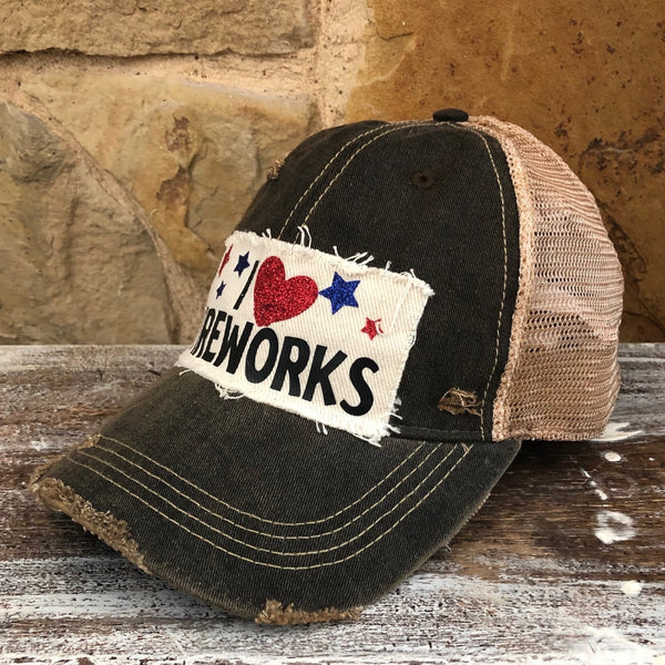 I love Fireworks Hat, 4th of July Ball Cap, Independence Day Hat